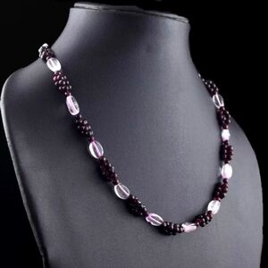 Red Garnet & White Clear Quartz 136 Cts Beaded Natural Gemstone 17" Necklace